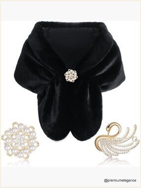 Faux Fur Shawl Wrap Stole with Brooch Pins Winter Wedding Bridal Scarf